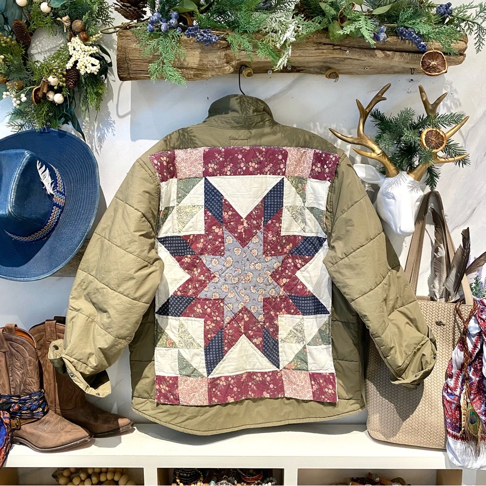 Brixton Olive Green Utility Jacket with Quilted Patchwork Star Back